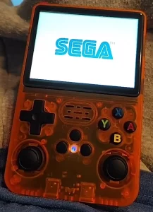 A R36S showing the SEGA intro logo